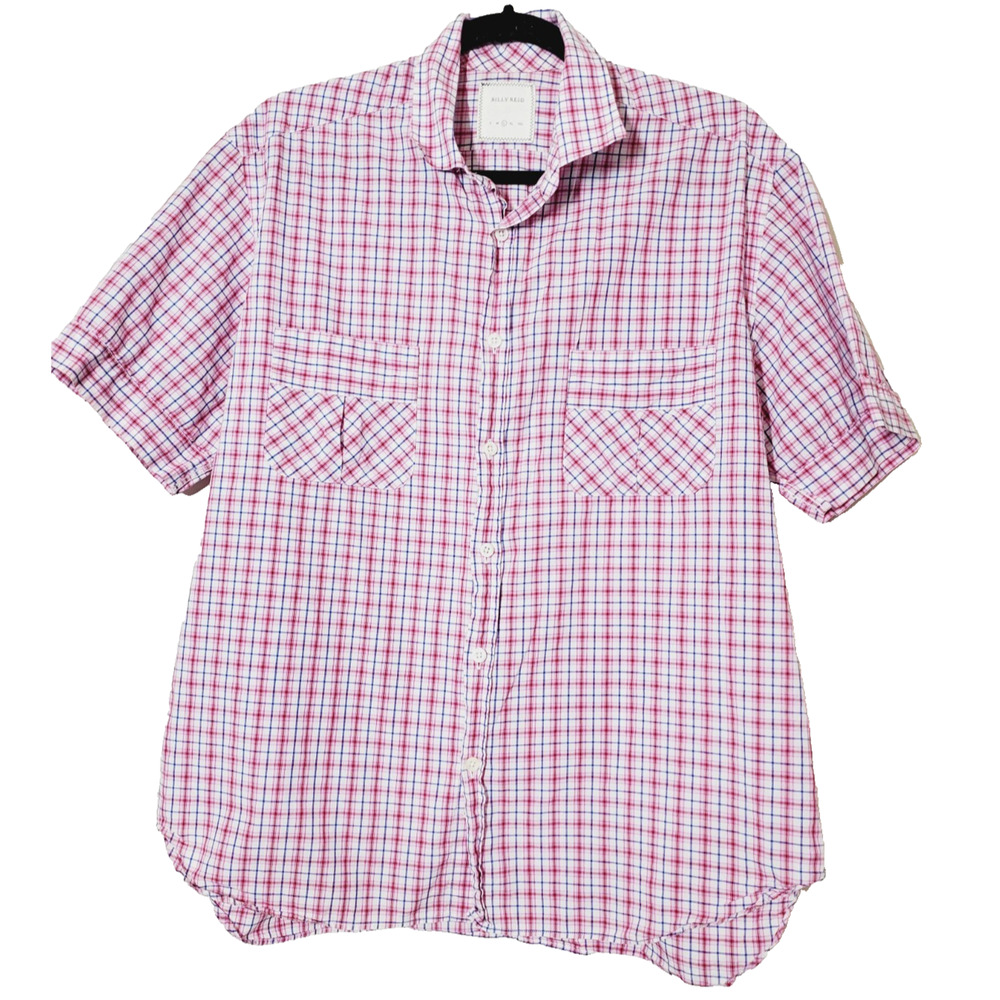Billy Reid Men’s Button Down Shirt Large‎ Short Sleeve Pink Plaid Cotton